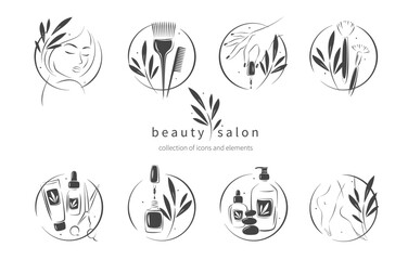 Big set of elements and icons for beauty salon. Nail polish,  manicured female hands, beautiful woman face, lipstick, eyelash extension, makeup, hairdressing. Vector illustrations