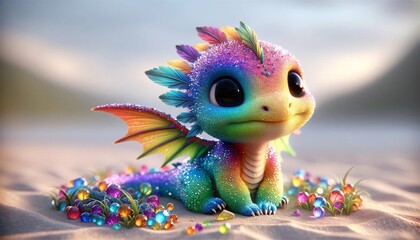 Cute rainbow little dragon. Cartoon character dragon. Fantasy Funny baby monster with big eyes. Fairy-tale hero. Children book. Illustration of tales. Toy design. Print. Copy space. Isolated