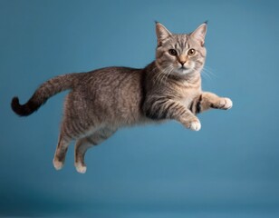 Naklejka na ściany i meble Gray lop-eared cat jumping on a blue background. Banner concept for petshops and pet niche ecommerce