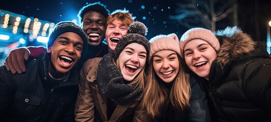 men and women celebrate winter holiday together at fun fair, happy and togetherness, Generative Ai - obrazy, fototapety, plakaty