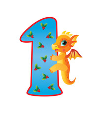 Large number one decorated with a Christmas pattern with a small dragon on it