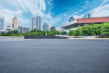 Empty square road and city buildings in Guangzhou