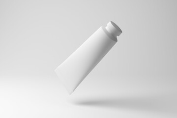 White cosmetic tube packaging floating in mid air on white background in monochrome and minimalism. Illustration of the concept of products of beauty and skincare