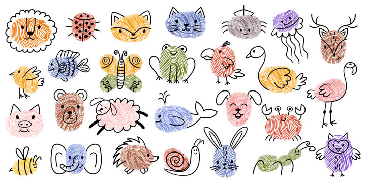 Kids Fingerprint Animal Doodles. Lion, Ladybug, Fox, Cat and Spider. Jellyfish, Deer, Bird and Fish or Butterfly, Parrot