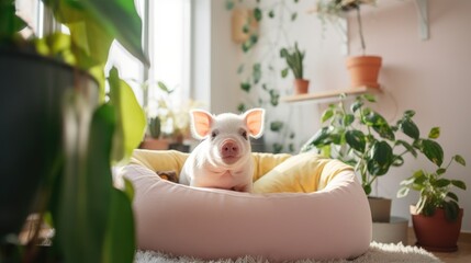 Cute handmade mini pig resting in an animal bed