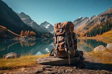 Nature Explorer's Haven Hiking Backpack, Boots, and Gear Equipment for Mountain and Forest Adventure. Ideal for Outdoor Camping and Holiday Activity with Lakes and Snowy Landscapes. 