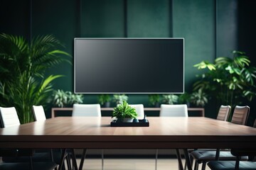 Empty Blank Screen Mockup in a Business Meeting Conference Room, Integrating Professional ERP, KPI, and Interview Connection for Online HR Management Software – Strategy Management Presentation. 