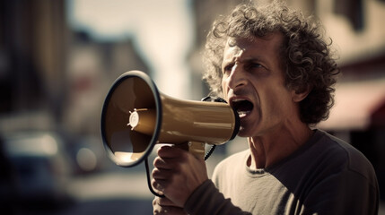 man shouting through megaphone - obrazy, fototapety, plakaty