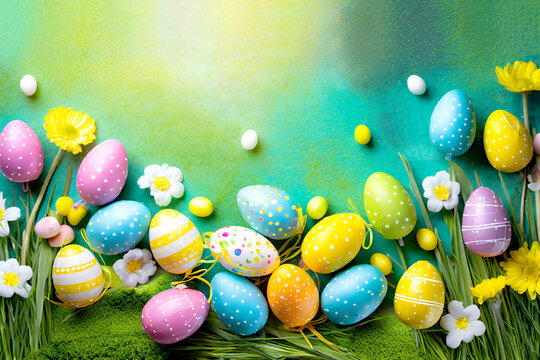 Bunte Eier und Osterdeko auf grünem Hintergrund 