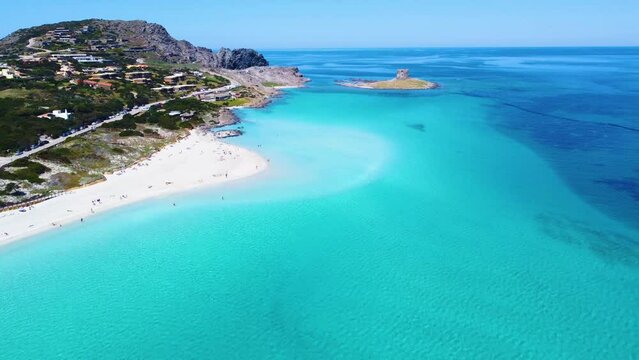 Aerial view of world famous La Pelosa beach in Stintino. Sardinia, Italy
