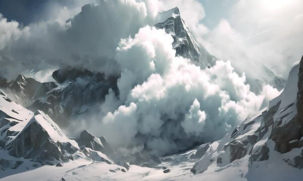 A massive snow avalanche with ice blocks cascading down a mountain peak under a blue sky.