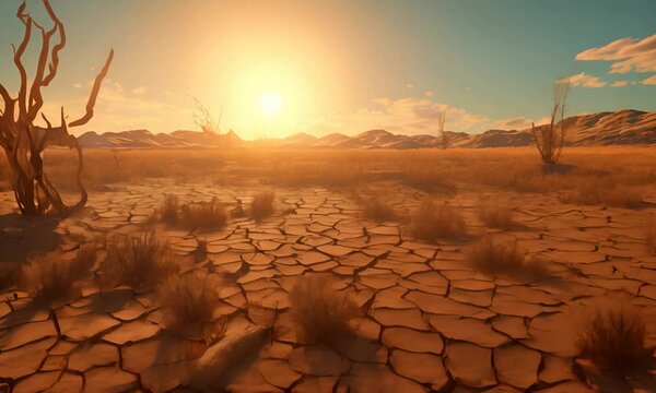 The setting sun illuminates a desert landscape with cracked earth and withered plants.