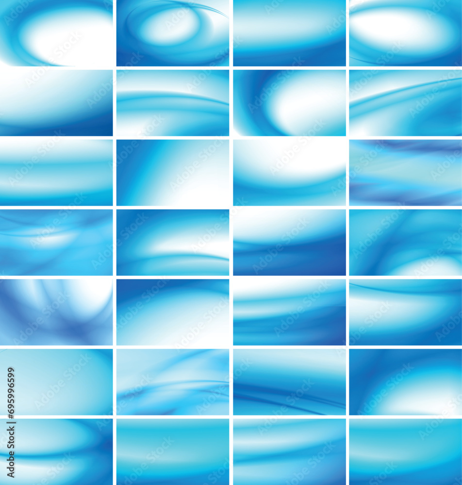 Poster wavy smooth white and blue color gradient art lines business card set.