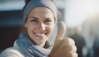 Woman show thumbs up positive feedback, Satisfied lady showing OK gesture, Excellent or good review result concept, Customer giving rating for experience or quality product and service, Opinion survey - obrazy, fototapety, plakaty