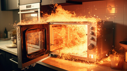 The microwave caught fire in the kitchen - obrazy, fototapety, plakaty