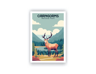 Cairngorms National Park. Vintage Travel Posters, Vector illustration, Digital, Design, Famous Tourist Destinations, Prints Wall, Living Room Decor