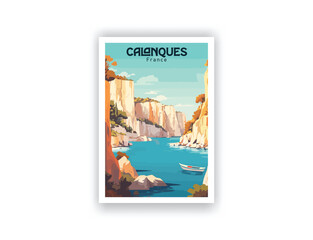 Calanques, France. Vintage Travel Posters, Vector illustration, Digital, Design, Famous Tourist Destinations, Prints Wall, Living Room Decor