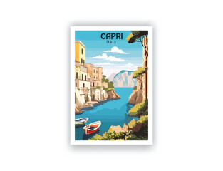 Capri, Italy. Vintage Travel Posters, Vector illustration, Digital, Design, Famous Tourist Destinations, Prints Wall, Living Room Decor
