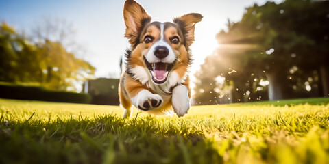 Energetic corgi running joyfully towards camera on sunny day
