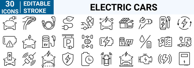Electric car line web icons. Battery, charging station, Plug-in, Solar panel, ecology, Service, Vector illustration. Outline icon. Editable stroke.