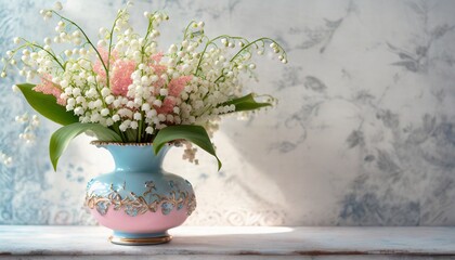 Konwalie w różowo-niebieskim wazonie. Pastelowe, wiosenne tło z kwiatami i miejscem na tekst - obrazy, fototapety, plakaty
