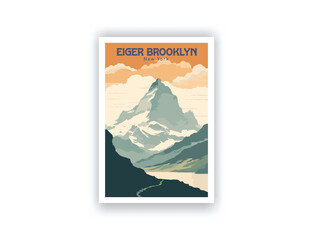 Eiger Brooklyn, New York - Vintage Travel Decor Posters, World Travel Wall Art Prints with Landscape, Retro, Vector Illustrations, Digital Design, Decor living room.