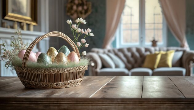 Wooden tabletop with Easter eggs, tulips and free space. You can see the living room in the background. Easter background