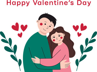 Valentines day cute illustration with couple in love. Man and woman hugging.