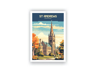 St Andrews, Scotland - Vintage Travel Decor Posters, World Travel Wall Art Prints with Landscape, Retro, Vector Illustrations, Digital Design, Decor living room.