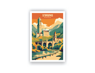 Stirling, Scotland - Vintage Travel Decor Posters, World Travel Wall Art Prints with Landscape, Retro, Vector Illustrations, Digital Design, Decor living room.