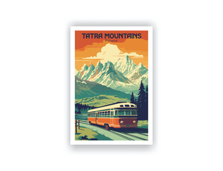 Tatra Mountains, Poland - Vintage Travel Decor Posters, World Travel Wall Art Prints with Landscape, Retro, Vector Illustrations, Digital Design, Decor living room.