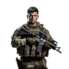 Fototapeta premium Soldier of USA army, in military uniform with gun, Isolated on Transparent Background, PNG