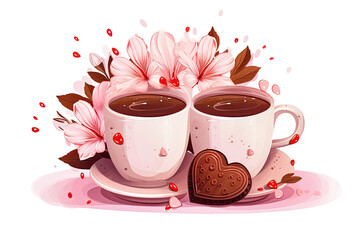 Valentine's day, delicious hot chocolate and heart cookies in white cups for lovers on a pink background in watercolor style