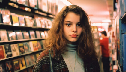Vintage teenager in a video store. DVD rental case for sale. Video store renting movies in the 80s,90s retro photo