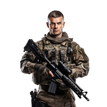 Soldier with gun, in military uniform, man of USA army, Isolated on Transparent Background, PNG