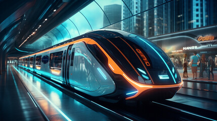 Train in motion blur. Moving train in motion.A high-tech train of the future. Ergonomic design of the train. Future train station.A high-speed commuter train of the future.Future transportation .




