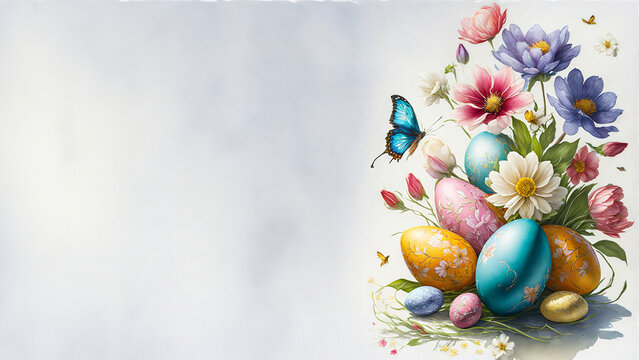 Colorful Easter card with spring flowers and painted Easter eggs for greeting cards with space for text.
