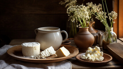Fototapeta na wymiar Nutritious and eco-friendly dairy products. Dairy items served in dishes made of natural clay. Enjoying natural dairy products from the farm for breakfast.Homemade cottage cheese, feta cheese, milk