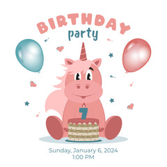 Birthday party invitation with baby unicorn
