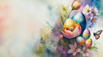 Obraz na płótnie Canvas Colorful Easter card with spring flowers and painted Easter eggs for greeting cards with space for text.