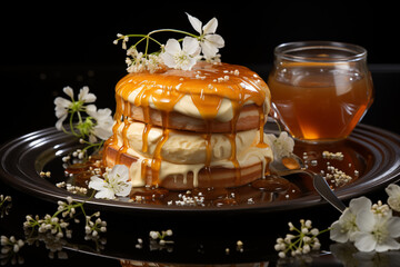 Transform the pouring of honey into milk into a symphony of liquid gold, capturing the luxurious and indulgent qualities of this delicious pairing in a visually striking photo.