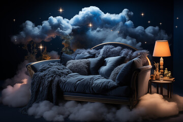 Highlight the plush comfort of the bed on a cloud, conveying a sense of heavenly slumber and inviting viewers to experience the ultimate in relaxation.