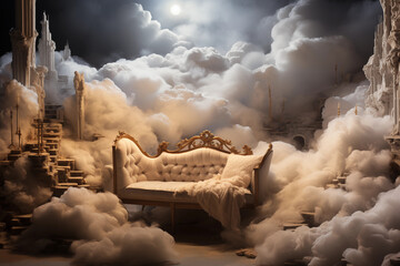 Craft a surreal photo where the bed becomes an escape to a fantasy world, perched atop a white cloud with an otherworldly ambiance.