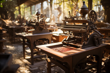 Showcase the printing press in operation outdoors, with the rhythmic movements of the machinery and the interplay of sunlight, portraying the artistry of the printing process.