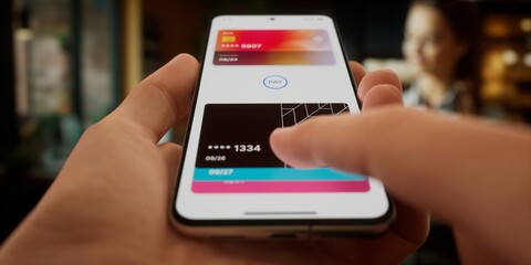 CU Man is paying with a card linked to his smartphone at the cafe