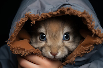 Convey the innocence and purity of a rabbit by taking a photo that focuses on the expressive eyes and soft fur while cradled in hands, creating a captivating image.
