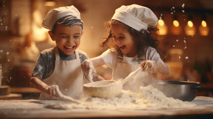 Child cookies. Children playing with flour in the kitchen.