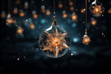 Craft a captivating photo showcasing a beautifully designed star suspended against a dark backdrop, emphasizing the elegance and brilliance of celestial bodies.