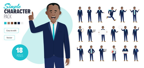 Simple flat black businessman vector character, wearing a suit in a set of multiple poses. Easy to edit and isolated on a white background. Modern trendy style character mega pack with lots of poses.