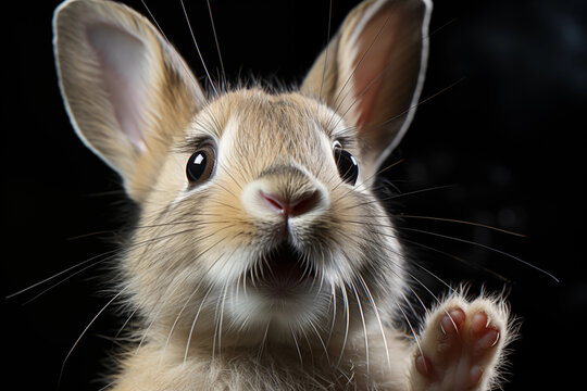 Explore the playful side of rabbits by photographing dynamic poses of a rabbit interacting with hands, capturing moments of curiosity, affection, or even a playful hop.
